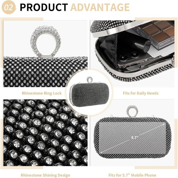 Women Black Sparkly Rhinestone Evening Clutch Purse Crystal Ring Clasp Handbag - Picture 4 of 6